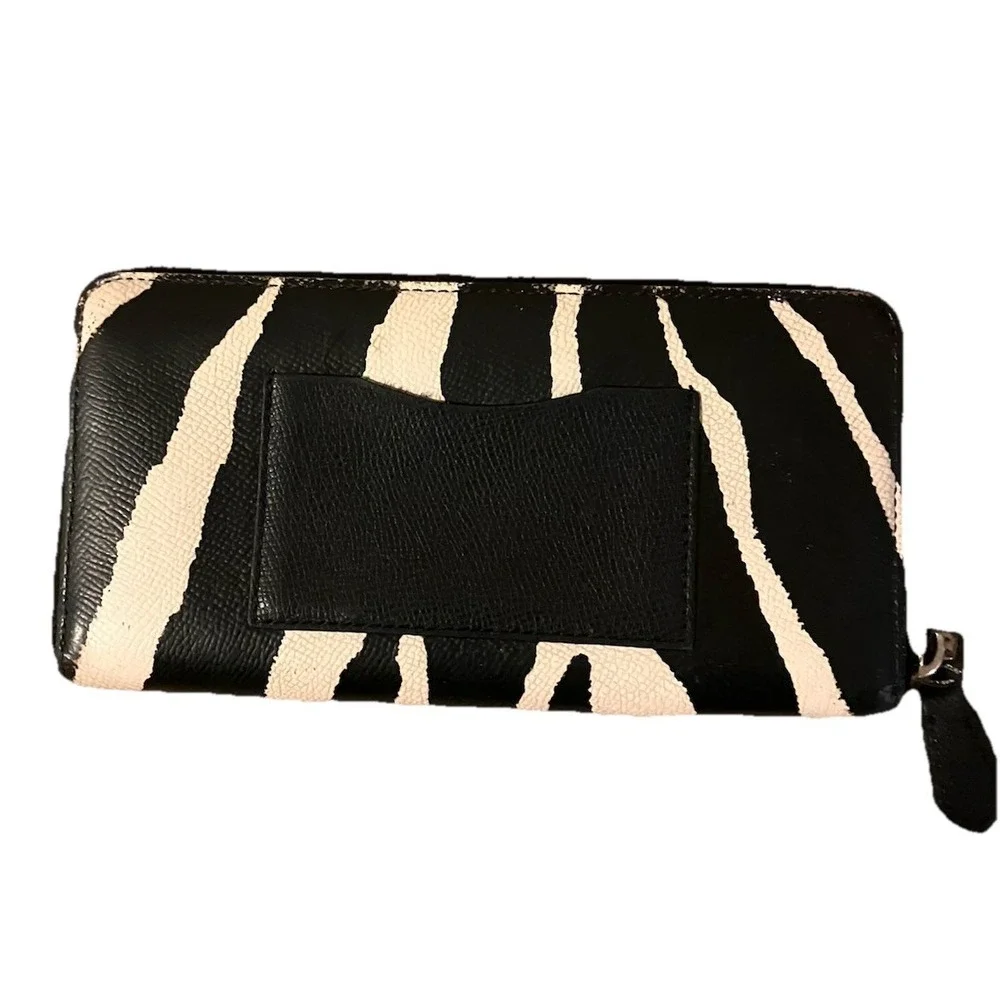 COACH Zebra Long Wallet Accordion Leather Black Cream Zip Around